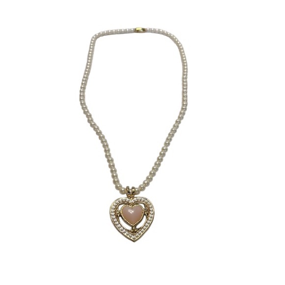 Faux Pearl Necklace w/ Pink Quartz Heart Pendant surrounded with Faux Pearls - Picture 1 of 3